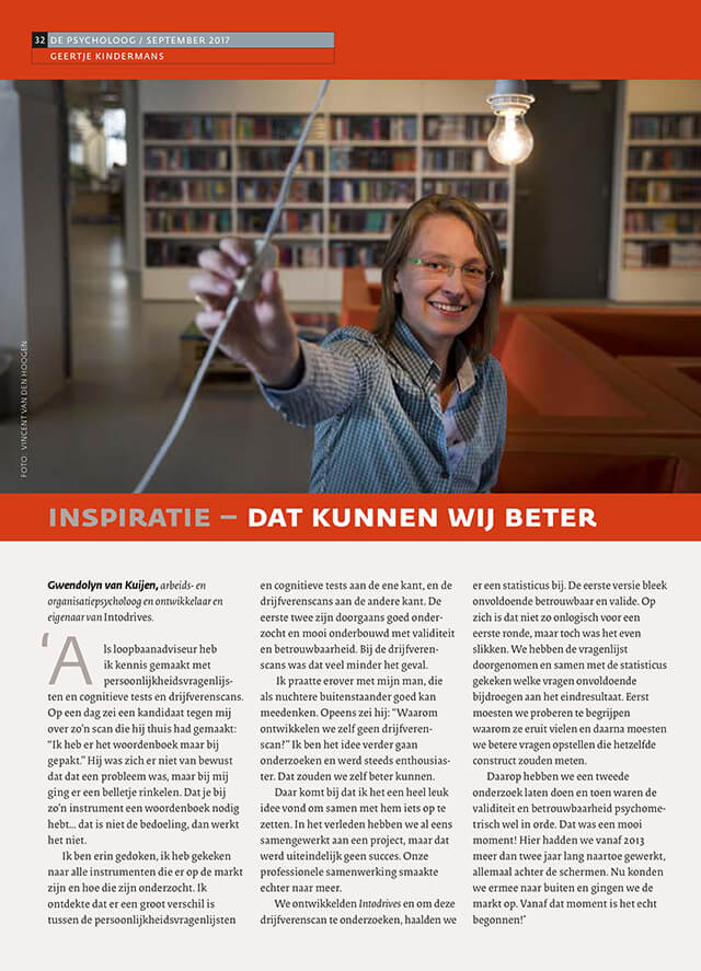 Gwendolyn van Kuijen bij het interview met De Psycholoog (NIP) over het ontstaan van Intodrives en verschillen met andere testen.